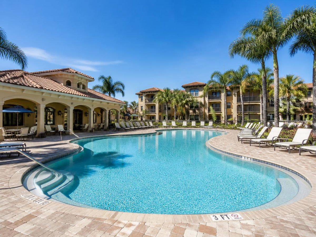 Large commercial resort pool at a Southwest Florida condominium community