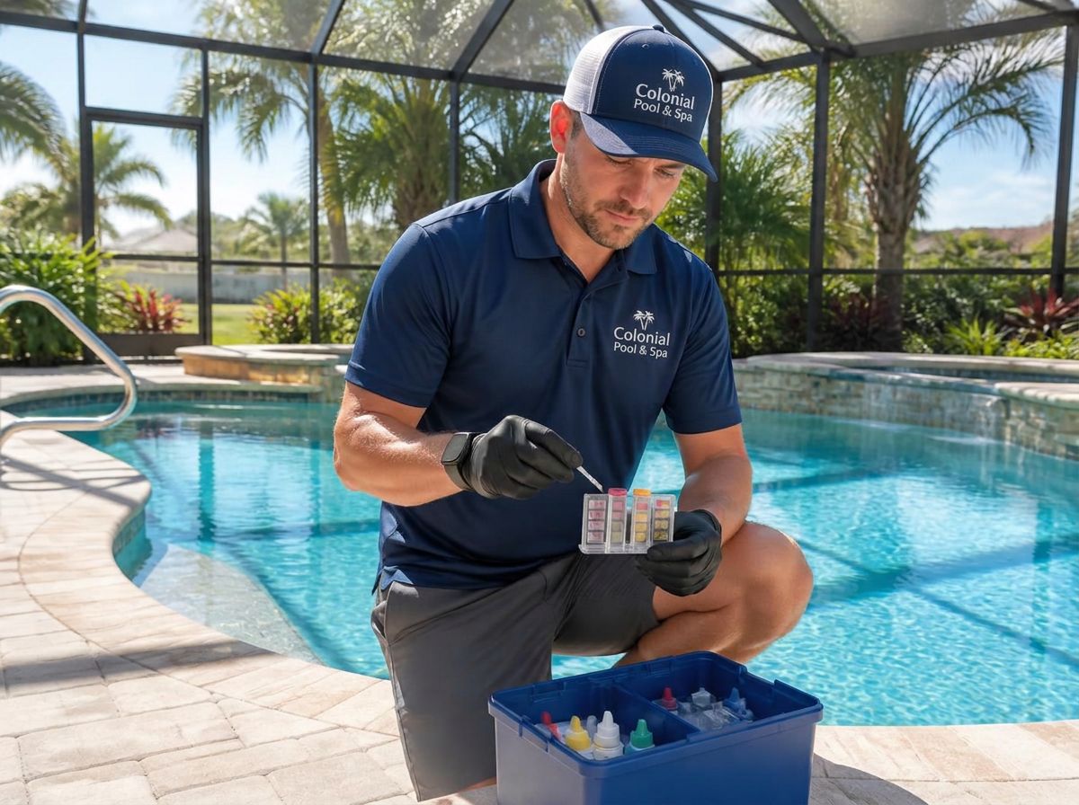 Pool technician testing water chemistry inside a Florida screened lanai